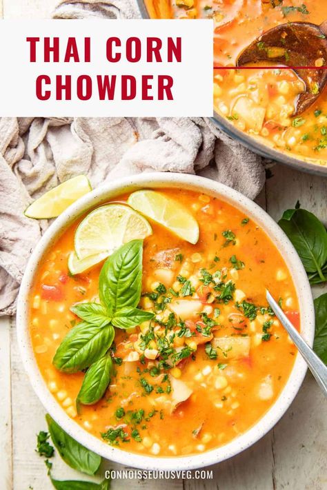 Coconut Red Curry, Peppers And Potatoes, Curry Base, Corn Chowder Soup, Vegan Corn Chowder, Gourmet Soup, Potato Corn Chowder, Chicken Corn Chowder, Corn Chowder Recipe