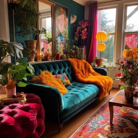 Green Living Room Maximalist, Maximalist Living Room Colorful, Colorful Dark Living Room, Calm Maximalist Decor, Maximalist Lounge Room, Maximalist Curtain Ideas, Colourful Lounge Ideas, Bedroom Design Maximalist, Maximalist Floor Lamp