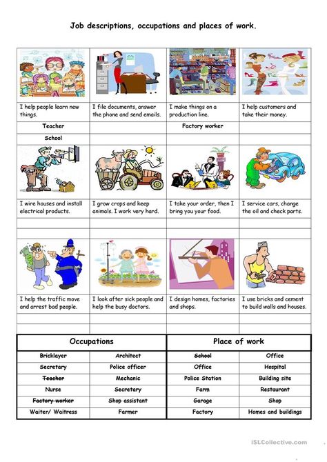 Job descriptions, occupations and places of work - English ESL Worksheets for distance learning and physical classrooms Picture Description Worksheets, English Teaching Materials, English Exercises, Picture Writing Prompts, Learning English For Kids, Esl Teachers, Resume Skills, Picture Description, English Activities