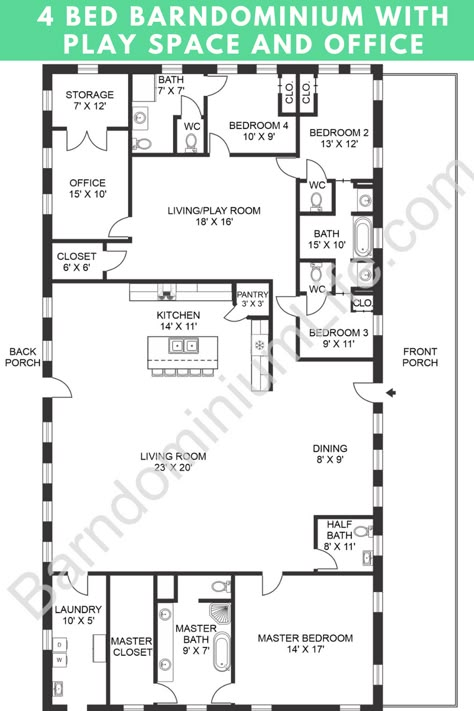 This is the layout of our dreams for anyone who wants a home with plenty of space to relax. Porches on the front and back of the house allow for outdoor entertaining, while the open concept living area provides lots of space to stretch out.  All of the regular bedrooms are located off a large playroom, which is the perfect way to separate them from the noise of the main area. Barndominium Interior, Barndominium Plans, Little House Plans, Pole Barn House Plans, 4 Bedroom House Plans, Floor Plan 4 Bedroom, Barndominium Floor Plans, Simple House Plans, Bedroom Floor Plans