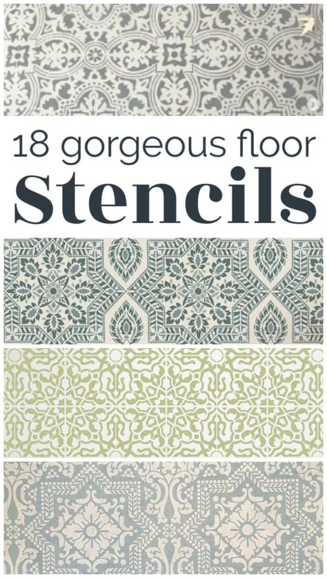 18 floor stencils that are going to look amazing on your floors. Great floor stencils for stenciling wood, concrete, and tile floors. Plus tips for stenciling your own floor with great results. Stenciled Concrete Floor Front Porches, Stencil Patterns For Floors, Stencils For Concrete Floors Patio, Painted Floors Wood Plywood, Concrete Floor Stencil Ideas, Stenciled Concrete Floor Indoor, Stenciled Front Steps, Floor Stencil Patterns Paint Concrete, Stenciled Bathroom Floor