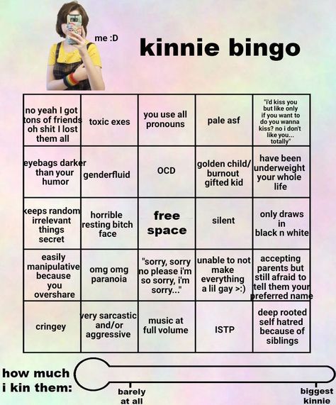 Grid bingo card with swirling pastel background labeled "kinnie bingo" Kin Kin Hair Styles, Genshin Kin, Dazai Kin, Pjsk Kin Quiz, Kin Euphorics, Kinnie Bingo, Bingo Sheets, If I Was A, Bingo Template