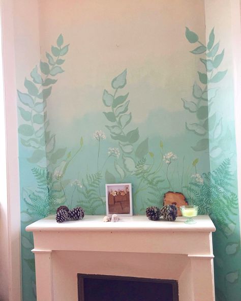 Cowslip and ferns ombre mural Fern Mural, Fireplace Mural, Ombre Mural, Fern, Painting Ideas, Tiny House, Wall Painting, Sofia, Fireplace