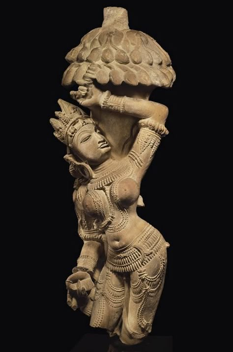 A buff sandstone figure of Salabhanjika India, Madhya Pradesh, Khajuraho, 11th century. | Christie's Southeast Asian Art, Hindu Goddesses, Female Sculpture, Historical Sculptures, Ancient Indian Art, Ancient Indian Architecture, Ancient Statues, Indian Sculpture, Temple Art