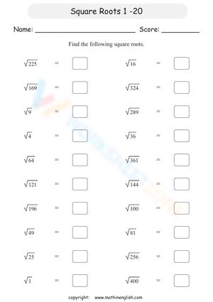 Square root worksheet for grade 6 and up. Find the square roots of 1 to 20, with radicals up to 400. Great reinforcement or remedial math worksheet for homeschooling. #Grade-6 #Grade-7 Square Roots Of 1 To 100, Square Root 1 To 100, Square Roots 1 To 30, Square Root Worksheet Class 8, Square Root Math, Square Roots, Math Worksheet, Square, Coding