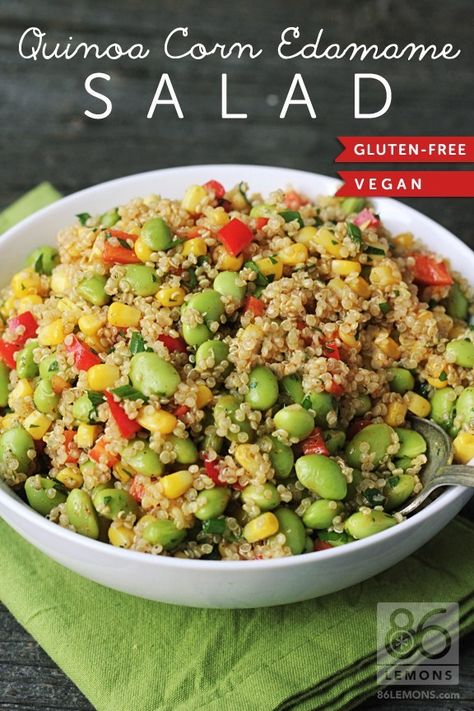 Quinoa Corn Edamame Salad (vegan, gf) - 86 Lemons Edamame Salad, Resep Salad, Vegan Quinoa, Salad Vegan, Vegan Salad, Quinoa Recipes, Edamame, Vegan Eating, Vegan Dinners