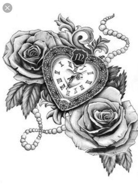 Heart with roses Tattoo Zeichnungen, Cat Tattoos, Neck Tattoos, Watch Tattoos, Geniale Tattoos, Initial Tattoo, Tiny Tattoo, Clock Tattoo, Diy Tattoo