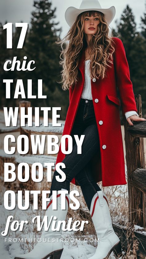 a woman wears tall white cowboy boots for winter, western outfits Cold Weather Outfits Cowboy Boots, Cowgirl Outfits With White Boots, Tall White Cowboy Boots Outfit, Cowboy Christmas Outfit, White Cowboy Boots Outfit Winter, Tall White Boots Outfit, Western Boots Outfit Winter, Tall White Cowboy Boots, Cowgirl Boots Outfit Winter