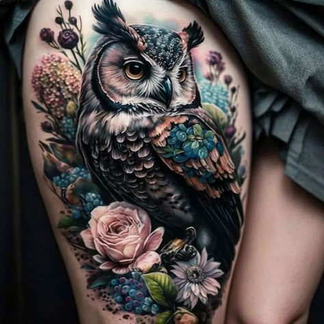 Owl Tattoo With Color, Owl Half Sleeve Tattoo, Watercolor Bear Tattoo, Owl Wing Tattoo, Owl Tattoo For Women Unique, Bae Tattoo, Aggrogoth Tattoo, Snowman Tattoo, Owl Thigh Tattoos