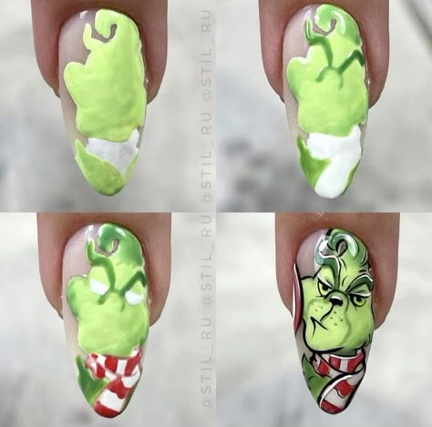 Grinch Nail Art Tutorial, Christmas Stitch Nails, Grinch Inspired Nails, Christmas Character Nails, Grinch Nail Art, Trending Winter Nails, Nail Art Design 2023, Fashion 2023 Winter, Grinch Nails