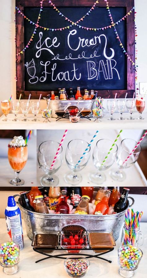 Soda Float Bar, Ice Cream Bar Ideas, Ice Cream Float Bar, Diy Ice Cream Bar, Float Bar, Soda Float, Fun Party Ideas, Ice Cream Float, Ice Cream Bar