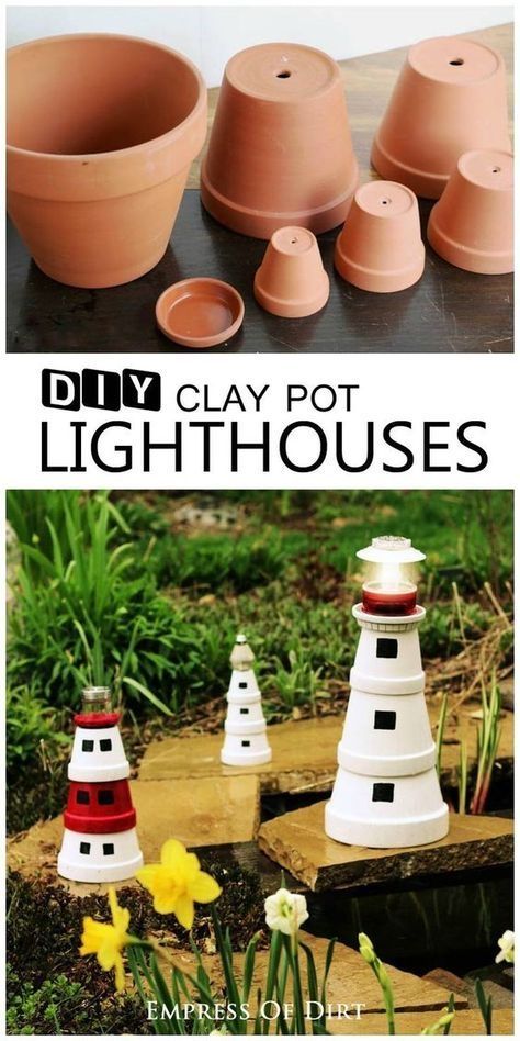 Add a magical touch to your garden with this sweet garden art lighthouse made from clay pots. It's a great project to do with kids. Add a solar lamp to the top to shine brightly in the evening garden. #lighthouse #gardenart #gardendecor #claypots #diy #gardencraft #empressofdirt #weekendcraft #creativegardening by patrica Clay Pot Lighthouse, Evening Garden, Taman Air, Weekend Crafts, Clay Flower Pots, Flower Pot Crafts, Clay Pot Crafts, Diy Art Projects, Creative Gardening