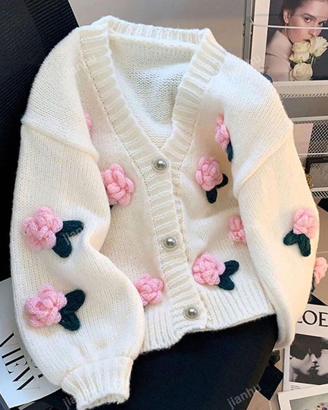 ✨Pre-order only, S(8) - XL(16)✨ Preppy Wish List, Shein Crochet, Girls Cardigan Sweater, Trendy Cardigans, Fabric Plants, Flower Cardigan, Loose Knit Cardigan, Pull Rose, Loose Coat