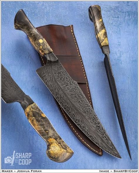 Jim Cooper - Photographer on Instagram: "Git 'R DONE! What a beauty by @joshofall_trades. Integral, feather steel, WILD burl!⁠ ⁠ Model: 10" Feather Damascus Integral Chefs Knife⁠ BL/OAL: 10"/14.5⁠ Material: 1080/15N20 Damascus⁠ Forged_by: Maker⁠ Handle: Stabilized Buckeye Burl⁠ Knife Comments: Forged integral bolster. The feather damascus pattern flows from the bolster down into the blade and comes back together at the tip.⁠ ____________⁠ Share this with someone who likes COOL stuff, please!😃 I Feather Damascus, Custom Kitchen Knives, Knife Photography, Lucas Black, Chefs Knife, Buckeye Burl, Pretty Knives, Knife Handle, Metal Craft