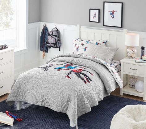 Spider Man Room Ideas Kids, Pottery Barn Boys Bedroom, Marvel Room Ideas, Bed Without Footboard, Boy Room Themes, Marvel Room, Web Slinger, Pottery Barn Bedding, Ghost Spider