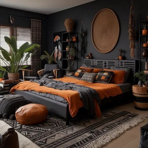 Dark Green Bedroom Ceiling, Black And Cedar Bedroom, Black And Maroon Bedroom, Moody Orange Bedroom, Dark Grey And Burnt Orange Bedroom, Orange And Black Bedroom, Afrocentric Bedroom, Burnt Orange Bedding Black Headboard, Primary Bedroom Ideas Moody