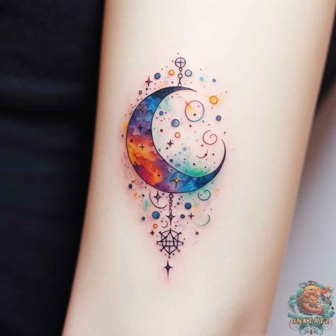 Rainbow Moon Tattoo, Moon Shadow Tattoo, Moon Tattoo Colorful, Color Moon Tattoo, Watercolor Moon Tattoo, Tato Idea, Treasure Tattoo, Small Daisy Tattoo, Watercolor Heart Tattoos