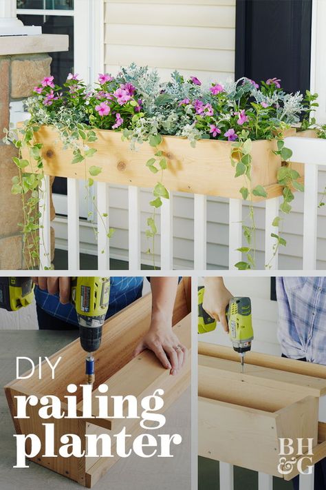 Railing Flower Boxes, Railing Planter Boxes, Deck Railing Planters, Simple Deck, Diy Container Gardening, Deck Planters, Diy Balcony, Balcony Planters, Concrete Patios