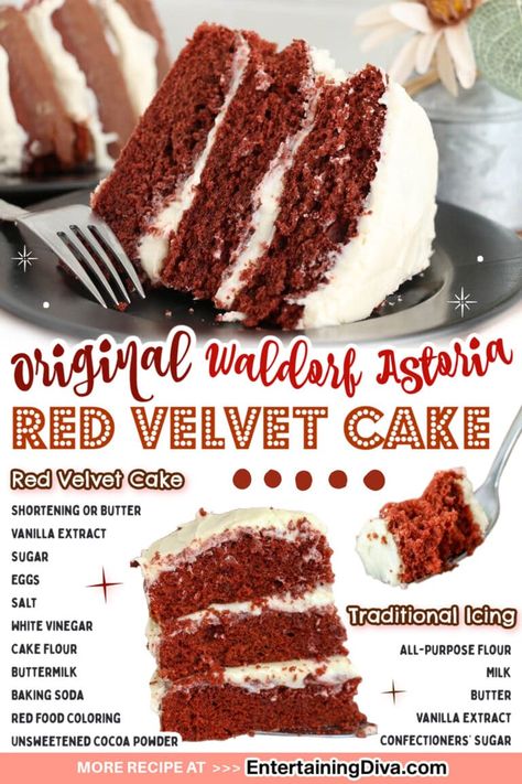 For the best red velvet cake recipe, you have to make this original version that came from the Waldorf Astoria. With the traditional cooked icing, it is absolutely amazing! Red Velvet Cake Icing, Cooked Icing, Red Velvet Cake Moist, Original Red Velvet Cake, Original Red Velvet Cake Recipe, Best Red Velvet Cake Recipe, New York Desserts, Best Red Velvet Cake, Fluffy Chocolate Cake