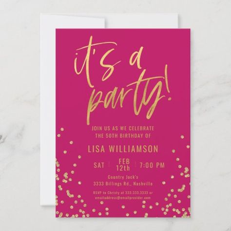 Hot Pink and Gold 50th Birthday Party for $2.65 - Birthday Invitations Birthday Party Invitations Zazzle, Hot Pink 50th Birthday Party, Hot Pink And Gold Party Ideas, Hot Pink And Gold Birthday Party, 50 Shades Of Pink Party Ideas, Pink Party Theme Ideas, Pink 50th Birthday Party, Pink Party Invitations, Hot Pink Birthday Decorations