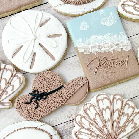 Lake House Cookies Decorated, Lake Theme Cookies Decorated, Beach Cookies Royal Icing, Beach Retirement Cookies, Retirement Themes, Beach Wedding Cookies Royal Icing, Beach Themed Cookies, Beach Scene Cookies, Retirement Cookies