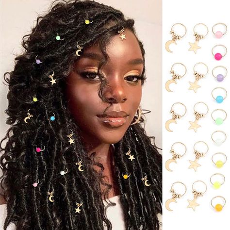 PRICES MAY VARY. Braid clips for hair are made of alloy, pack of 19 Dreadlock accessories are gold in color. Approx size: diameter of ring: bead: 0.63in/1.6cm, star & moon: 0.55in/1.4cm; bead: 0.28in*0.28in/0.7cm*0.7cm, star: 0.47in*0.47in/1.2cm*1.2cm, moon: 0.39in*0.43in/1cm*1.1cm. Loc jewelry for hair is easy to attach to braids. They are adjustable, and you can open the loop of these hair braid charms by twisting opening rings. Close the rings after hooking into your locs. And they are made o African Hair Jewelry, Hair Jewelry For Braids, Hair Braid Beads, Hair Accessories Braids, Butterfly Braid, Butterfly Hair Accessories, Braid Clips, Hair Charms, Dreadlock Accessories