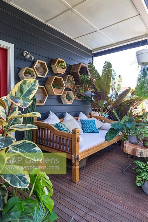 Balinese style daybed on a front verandah in front of a wall display of hexagonal timber planters. Balinese Daybed Outdoor, Timber Day Bed, Balinese Garden Bali Style, Bali Daybed, Daybed Ideas, Style Daybed, Bed With Pillows, Timber Planters, Balinese Garden