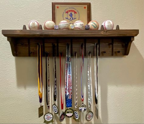 $125.00 Wood Baseball Trophy Rack. Display for game-balls, medals, rings, plaques, and trophies, Adjustable Trophy And Medal Display Ideas Shelves, Diy Trophy Shelf, Award Shelf, Award Shelves, Baseball Shelf, Baseball Bat Rack, Baseball Trophy, Diy Trophy, Ring Display Case