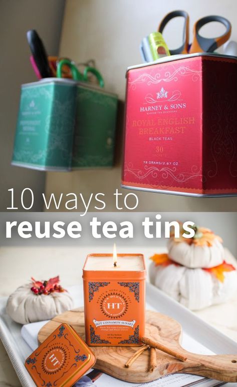 Upcycle Tin Containers, Tea Tin Upcycle, Biscuit Tin Upcycle, Repurposed Tins Containers, Reuse Tea Tins, Coffee Tins Upcycle, Repurpose Tea Tins Ideas, Harney And Sons Tea Tins Crafts, Tea Tin Crafts