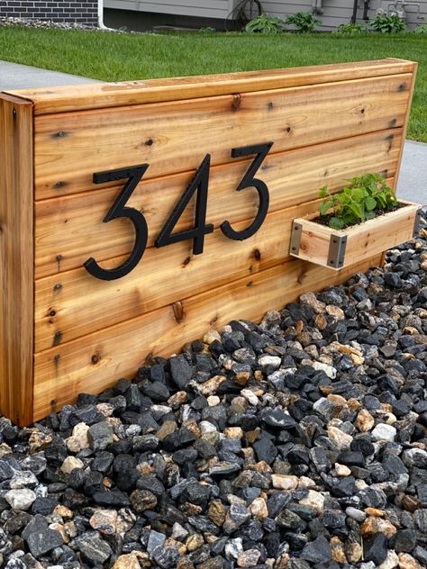 Wood House Number Sign Diy, Wood Address Sign Outdoor Rustic, House Number Garden Sign, Large House Number Sign, House Number Driveway, Wooden Address Sign House Numbers, Wooden Address Sign For Yard, Front Lawn House Number, Rustic Address Signs For Yard