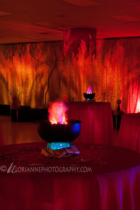 Ignite Theme Event, Fire Exhibition, Fire Theme Decorations, Fire Centerpiece Ideas, Fire And Ice Decorations, Hell Themed Party, Fire N Ice, Ice Party, Castle Party