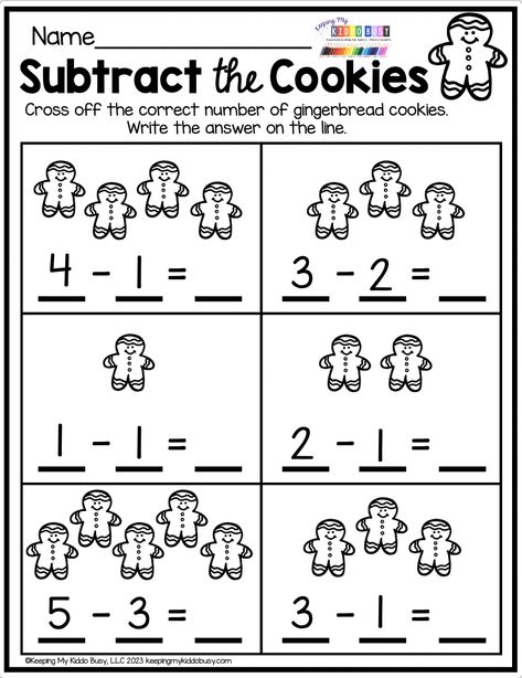 Fun gingerbread math - Use the Gingerbread Man Printables paired with fun read-alouds to kick off your holiday festivities this year! In this unit, you'll find: Crafts, Puzzles, Mini books, Worksheets, Fine motor printables, and more! Use for preschool, kindergarten or first grade to celebrate the holidays and the Christmas season. Kids will love using these in literacy centers, math stations, art lessons, and during fine motor time. They're great for parties or everyday use. Holiday Math Worksheets Kindergarten, Winter Subtraction Kindergarten, Christmas Subtraction Kindergarten, Math For Preschoolers Worksheets, Christmas Math First Grade, Christmas Math Centers Kindergarten, Gingerbread Activities Kindergarten, First Grade Worksheets Free Printables, Christmas Math Kindergarten