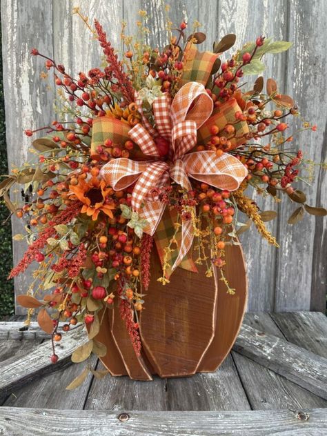 Wood Pumpkin Arrangement Kit Finished Fall Decor Diy Crafts, Pumpkin Arrangements, Fall Swags, Fall Orange, Halloween Centerpiece, Fall Floral Arrangements, Fall Arrangements, Wood Pumpkins, Wooden Pumpkins