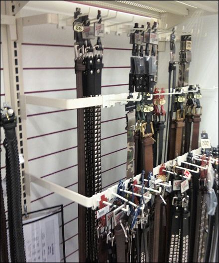 Though the over all concept has been seen before (often in party, craft and gift) seeing gondola-upright Tiered Flat Bar Merchandisers for belts is a new-found application. Though shopped through a... Belt Display Retail, Belt Display Rack, Display Hooks, Slat Wall Display, Belt Store, Belt Rack, Belt Storage, Belt Display, Clothing Store Interior