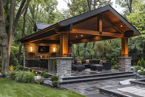 #backyarddeck #outdoorliving #deckideas #homeimprovement #gardeninspiration #diyprojects #landscaping #outdoordecor #backyardtransformation #entertainingoutdoors Cabin Gazebo Ideas, Backyard Pavilion With Kitchen, Wooden Gazebo Ideas Backyard, Pavilion With Kitchen, Pavillion Backyard, Modern Gazebo, Pool House Designs, Beautiful Outdoor Living Spaces, Outdoor Fireplace Patio