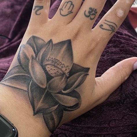 Lotus Flower (7, Hamsa, Om, Eye of Ra) Om Hand Tattoos, Lotus Flower Tattoo On Neck, Hand Lotus Tattoo, Lotus Flower Tattoo Hand, Lotus Flower Hand Tattoo, Lotus Hand Tattoo, Holy Spirit Tattoo, Lotus Flower Tattoo Design, Cute Simple Tattoos