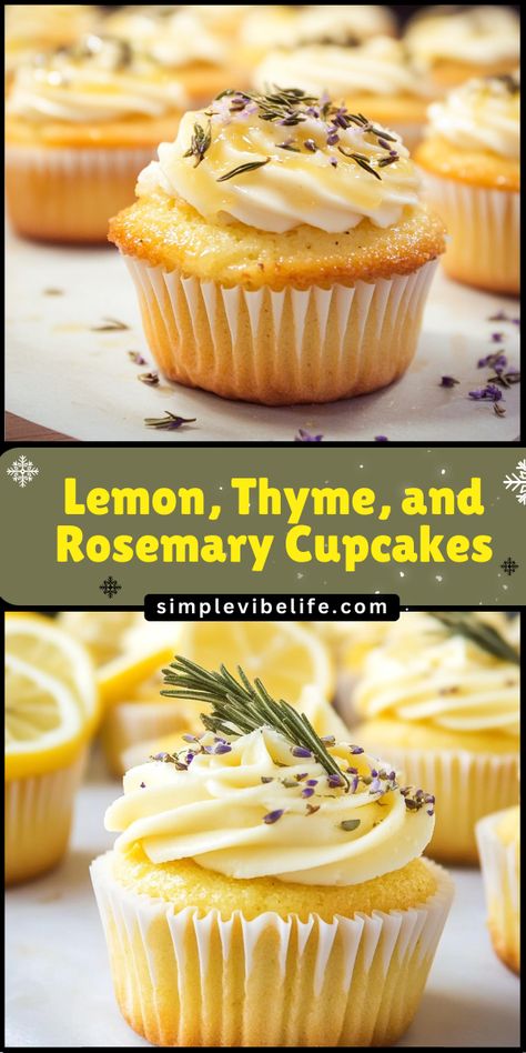 Experience a burst of fresh flavors with these lemon cupcakes infused with thyme and rosemary. Light, aromatic, and topped with a delicate lemon glaze, they’re a delightful treat that’s perfect for spring gatherings or a refreshing dessert! Rosemary Cupcakes, Unique Treats, Unique Cupcakes, Savory Treats, Lemon Thyme, Lemon Glaze, Lemon Cupcakes, Refreshing Desserts, Quick Weeknight Meals