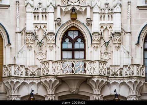 Balcony, carved wall and gothic window of the 13th century Hluboka Castle situated in Hluboko Nad Vltavou, Czech Republic Stock Photo Castle Balcony, Gothic Window, Gothic Windows, Church Design, Main Entrance, Architecture Details, Czech Republic, Balcony, Light Box