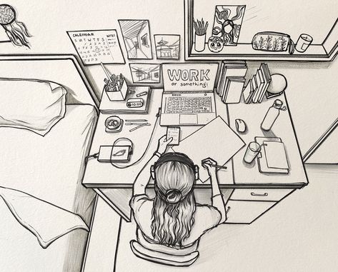 Student Sitting At Desk Drawing, Work From Home Illustration, Moving Drawing, Artist Core, Pc Drawing, Ide Jurnal, Person Sketch, Anime Study, Pharmacy Art