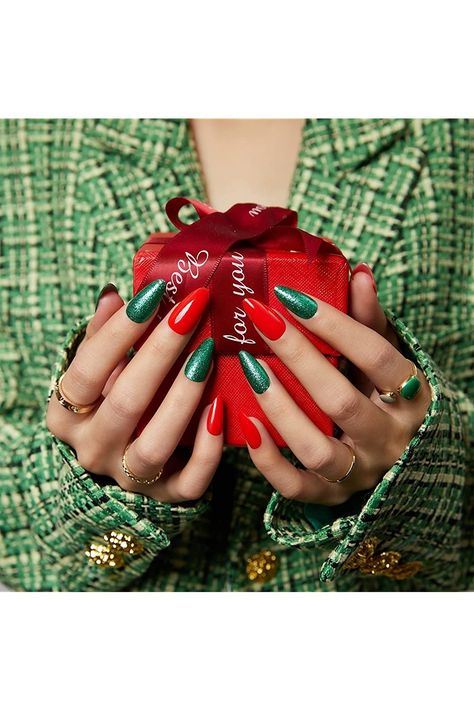 Modelones Christmas Press on Nails, Medium Almond Nails Tips Red Green Glitter Fake Nails Reusable Nail Kit with Nail Glue Nail Adhesive Tabs and Mini File Christmas Gifts for Women 24 Pcs 12 Sizes Green And Red Nails Christmas, Christmas Posts Instagram, Christmas Lifestyle Photography, Pre Christmas Nails, Nail 2025, Green And Red Nails, Red And Green Nails, Nails Photoshoot, Nail Polish Christmas