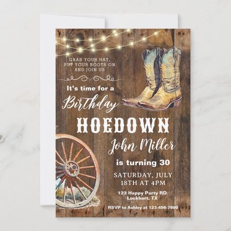 Western Hoedown Party Country Cowboy Boots Invitation Hoedown Party, 21st Birthday Themes, Country Glam, Boots Party, Country Cowboy, Happy Party, Ladies And Gentlemen, Theme Ideas, 21st Birthday