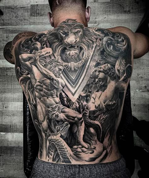 Aries Greek God Tattoo For Men, Titans Tattoo Greek, Greek Back Piece Tattoo, Full Back Tattoo For Men Design, Greek Mythology Back Tattoo, Full Back Tattoo For Men Ideas, Back Sleeve Tattoo, Greek Back Tattoo, Back Tattoos For Guys Full