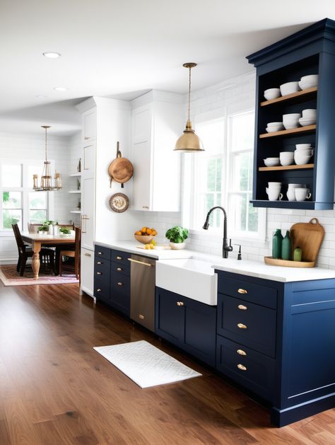 French Blue And White Kitchen, Blue And White Kitchen Ideas, Blue Farmhouse Kitchen, Blue And White Kitchen Cabinets, Classic Timeless Kitchen, Airbnb Kitchen, Blue Kitchen Furniture, Blue Kitchen Interior, Bohemian Kitchen Decor