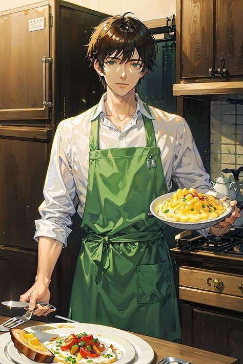 Cooking Poses Drawing, Manga Cooking, Anime Chef, Cook Illustration, Anime Cooking, Color Wheel Art, Being Ignored, Anime Long Hair, Boy Illustration