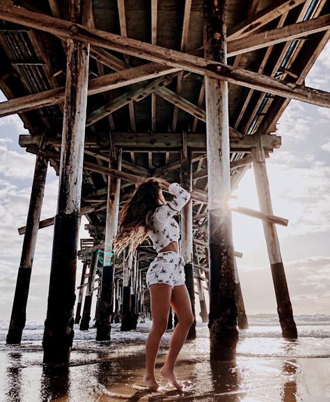 beach pier photoshoot @nicolette_evans Under The Pier Pictures, Malibu Pier Photoshoot, Newport Beach Photoshoot, Pier Beach Pictures, Beach Pier Pictures, Under Pier Photoshoot, Beach Stairs Photoshoot, Beach Boardwalk Photoshoot, Beach Pier Photoshoot