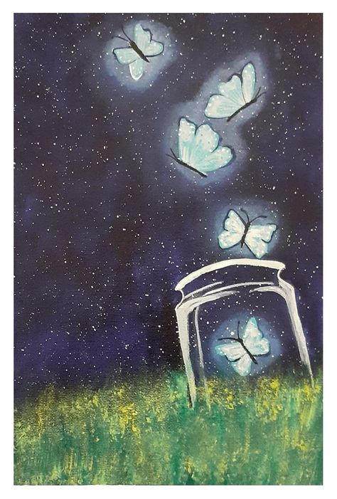 Butterfly In Jar, Fireflies Painting, Butterfly Jar, Firefly Painting, Jar Art, Cute Paintings, Visual Learners, Acrylic Paintings, Firefly