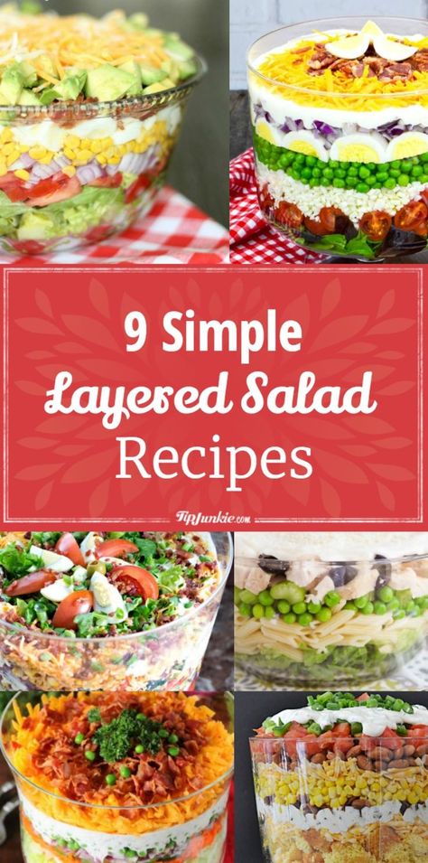 9 simple layered salad recipes Layered Recipes, Layered Salads, Easter Salad Recipes, Layered Pasta, Easter Salad, 7 Layer Salad, Salad Recipes Low Carb, Salad Simple, Layer Salad