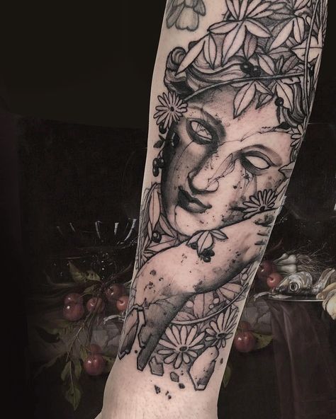 Statue With Plants, Plants Tattoo Sleeve, Overgrown Statue, Plants Tattoo, Amor Tattoo, Statue Tattoo, Plant Tattoo, Leg Sleeve, Leg Sleeves