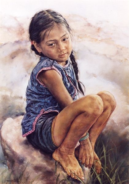 ARTIST WAI MING - Asian Oriental Chinese Fine Art Artwork Paintings Catalog (title: Fishgirl with Blue Jacket) Native American Skin Tone, Native American Children, Native American Paintings, Native American Pictures, Native American Artwork, Native American Photos, American Children, Native American Peoples, American Painting