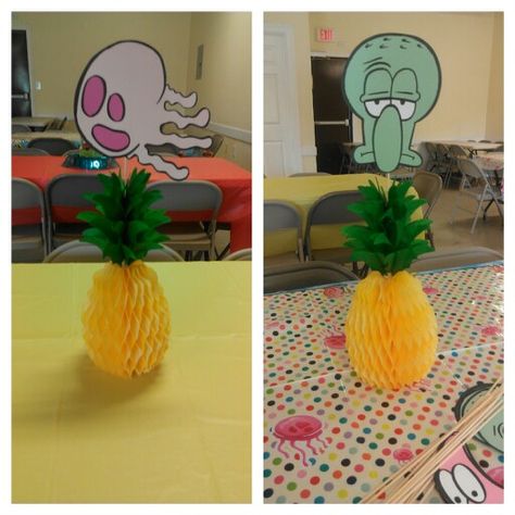 Handmade centerpieces I made for a spongebob birthday party Spongebob Birthday Party Table Decor, Spongebob Table Centerpiece, Spongebob Centerpieces Birthdays, Spongebob 2nd Birthday, Spongebob Centerpieces, Handmade Centerpieces, Spongebob Party Ideas, Spongebob Squarepants Party, Birthday Spongebob